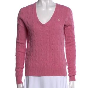 Polo Ralph Lauren Cable Knit Merino Wool V-Neck Sweater in Pink
